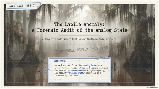 The Lapile Anomaly: A Forensic Audit of the Analog State Preface: Scope of Investigation This text is not a novel. It is a forensic debriefing concerning the systematic failure of reality in Ashley County, Arkansas. For more than a decade, the research documented herein has pursued a single, destabilizing hypothesis: the Analog State—the gritty, tactile reality of mud, cast iron, sweat, and blood—is being overwritten by a high-frequency, low-fidelity Digital Drift. We are trading the river for t