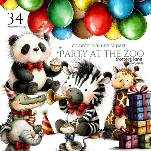 Zoo Party Clipart Bundle, Cute Animal Birthday Clipart, Watercolor Zoo Animals PNG, Kids Party Graphics, Commercial Use Clipart, - Etsy