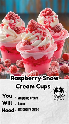Raspberry Snow Cream Cups Ingredients Whipping cream Sugar Raspberry puree Instructions 1. Chill the whipping cream well before starting. 2. Whip the cream with sugar until soft, fluffy peaks form. 3. Gently fold in raspberry puree, leaving light swirls for a snow-like effect. 4. Spoon the cream into small cups or glasses. 5. Chill for 30–60 minutes before serving. | Stephanie’s Gourmet Recipes