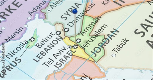 A zoom out of a blue pin into jerusalem city of Israel political map