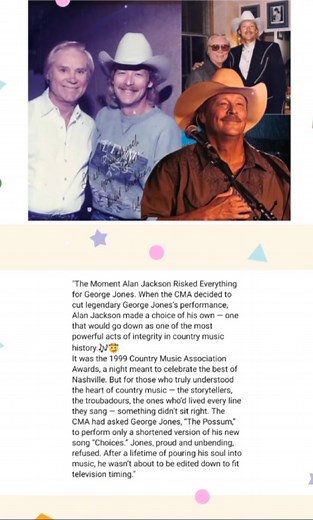 The Moment Alan Jackson Risked Everything for George Jones. When the CMA decided to cut legendary George Jones’s performance, Alan Jackson made a choice of his own — one that would go down as one of the most powerful acts of integrity in country music history.🎶🤠 ▶️ 𝐂𝐥𝐢𝐜𝐤 𝐭𝐨 𝐩𝐥𝐚𝐲 𝐅𝐮𝐥𝐥 𝐕𝐢𝐝𝐞𝐨! https://timelessmusic.life/the-night-alan-jackson-took-a-stand-when-loyalty-echoed-louder-than-awards-🎶🤠/ | Pastoral Melodies