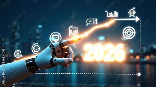 AI predicts 2026 business trends using advanced analytics to visualize global growth, innovation, and future opportunities. The concept highlights strategic decision-making, data-driven insights