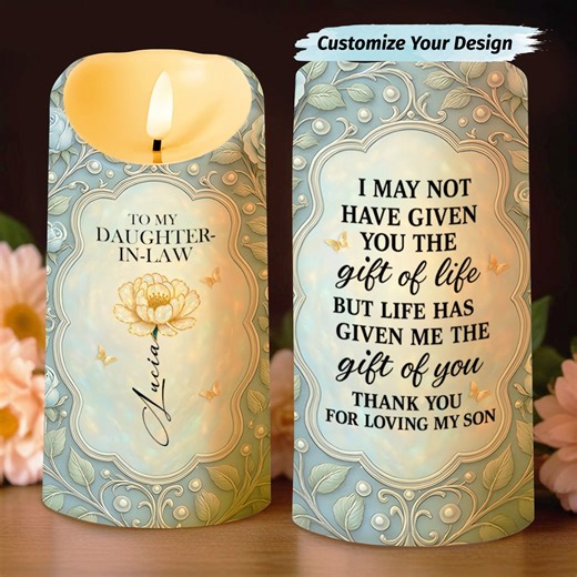 Charming LED Candle for Daughter-in-Law 💖 Customize Yours 👉 https://almagems.com/products/DILA012_LECA Worldwide shipping 🌍 #AlmaGems #LEDcandle #DaughterInLaw #Birthday #MothersDay #WeddingAnniversary #FloralGift #PersonalizedGift #FamilyLove | Alma Gems Store