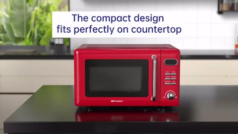 Emerson MWR7020RD Retro Compact Countertop Microwave Oven with Button Control, LED Display, 700W 5 Power Levels, 8 Auto Menus, Glass Turntable and Child Safe Lock, 0.7, Retro Red