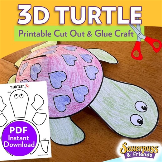 Turtle Printable Cut Out and Paste Kit, Kids Preschool 3D Turtle Coloring Project - Etsy