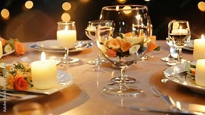 Romantic dinner setting featuring a beautifully arranged table with flowers and glowing candles, creating an intimate atmosphere