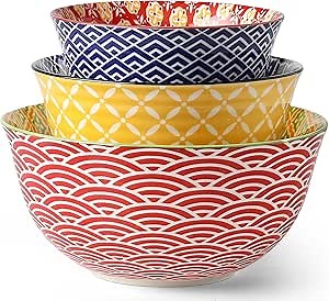 Metahom Ceramic Mixing Bowls for Kitchen, Colorful Nesting Bowls, Large Serving Bowls for Prepping, Baking, Mixing, Salad, Microwave Dishwasher Safe, 3.7/2.3/1.4 Qt, Set of 3