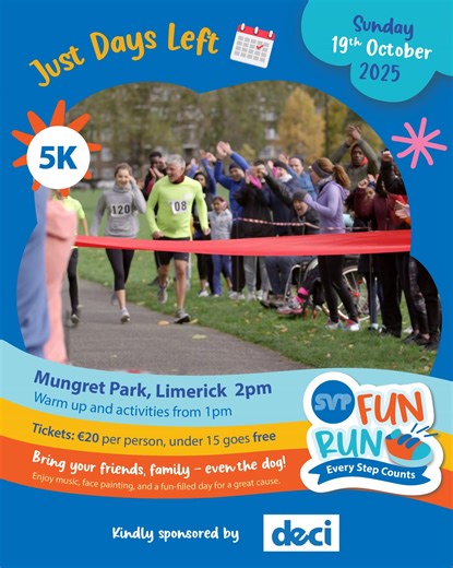 The wait is over! The SVP Fun Run 5K is happening this Sunday in Mungret Park, Limerick! Come be part of something special. Lace up your runners, grab the family and the dog, and join our community for a run, walk, or jog where every single step counts. We can't wait to see you there! - This Sunday, 19th October - Mungret Park, Limerick - €20 per adult | Kids under 15 go FREE Sign up and make your steps matter: https://svpfunrun.ie/ #SVPFunRun #EveryStepCounts #Community #LimerickEvents | SVP - 