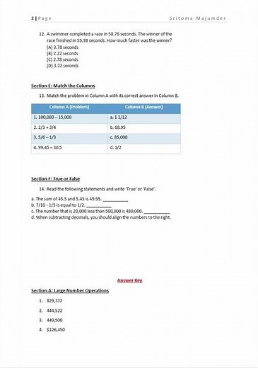 Class 5 Mathematics Addition and Subtraction Worksheet | Grade 5 Maths Practice | Download PDF
