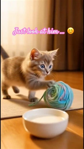 🐱Adorable Kitten Touches Yarn Ball Then Drinks Milk… So Sweet 😍 #kitty #newyorkcats