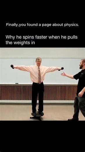 Physic for Us on Instagram: "Explore the wonders of the universe with @PhysicForUs 🌌 From everyday phenomena to mind-blowing discoveries! Watch closely 👀 — the professor starts spinning slowly with weights held far out… then pulls them in and suddenly spins faster! 🌀💨 No extra push. No hidden force. Just pure physics magic: conservation of angular momentum. ⚙️✨ Here’s the secret: • Weights far out = mass spread wide → big rotational inertia → slower spin. • Pull weights in = inertia drops → 