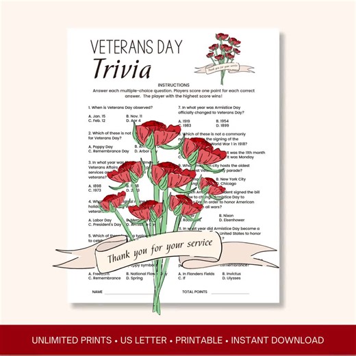 Veterans Day Trivia Game, Printable Game, Veterans Day Activity, American Trivia, Classroom Games, Church Activity, Senior Activity - Etsy