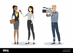 Beautiful female reporter with microphone interviews african american businesswoman and cameraman shoots video,isolated on white background. Cartoon c Stock Vector Image & Art - Alamy