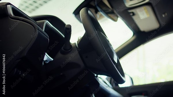 Close up shot of car interior console gear lever, wheel, beverage holder and transmission control panel. Panning shot of vehicle gear shift electronic panel control buttons