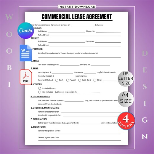 Editable Commercial Lease Agreement Template: Printable One Page Rental Contract Form (canva and Word) - Etsy