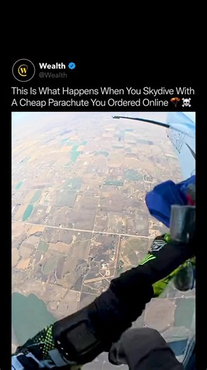 Wealth on Instagram: "At 10,000 feet, a bad product decision becomes a fatal one 🧠⚠️ Your parachute is not a gadget, it’s a life-critical system, and this video shows exactly why that distinction matters. In professional skydiving, parachutes are engineered with aerospace-grade materials, redundant canopies, certified stitching patterns, and extreme stress testing at terminal velocity. Cheap, unverified parachutes skip those standards entirely. Fabric integrity, line strength, deployment timing