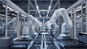 Conveyor with Advanced High Precision Robot Arms at Electronics Manufacturing Factory. Automated PCB Assembly Line. Semiconductor Production Industry. Component Installation on Circuit Board.