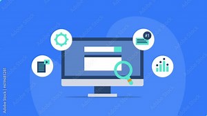 SEO process diagram explained content creation, optimization, website ranking and data analytics, SEO text and search bar computer screen, video animation.