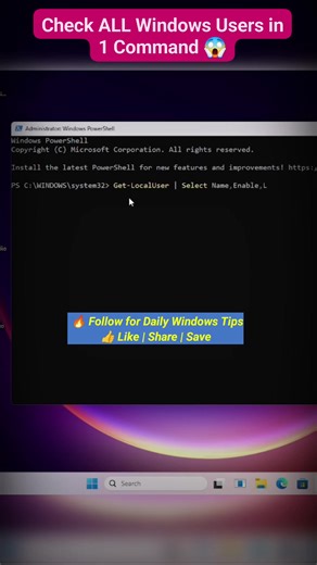 Want to see all local users on your Windows PC in seconds? This simple PowerShell command shows: ✅ User account names ✅ Enabled / Disabled status ✅ Last login time 💻 Command used:Get-LocalUser | Select-Object Name, Enabled, LastLogon 📌 Perfect for system admins, IT students, and Windows power users! 👍 Follow for daily Windows tips & tricks 💬 Comment if you want more PowerShell commands #PowerShell #WindowsTips #ITSupport #SysAdmin #Windows11 #Windows10 #ComputerTips #Shorts #FacebookShorts |
