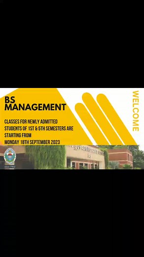 A very warm Welcome to the newly enrolled students of the BS Management program. Classes for 1st and 5th Semesters Regular and Self Supporting programs will start from Monday 18th September 2023. Timings: 8am to 4pm (May vary subject to class timetables) Timetables will be uploaded shortly at www.ias.edu.pk Names of Program Coordinators: Dr Aisha Rizwan (For 1st Semester) Dr Sajid Nazir (For 5th Semester Lateral Entry) Administrative Support Staff (Academics Section): Mr Malik Arif Mr Noor Khan 