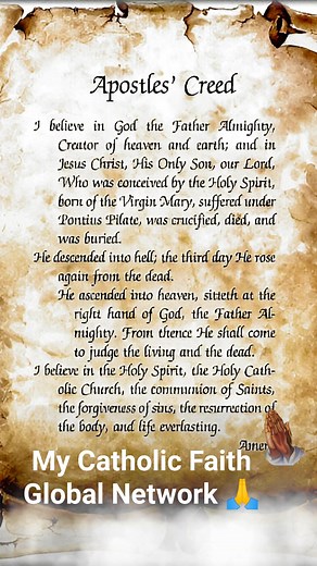 I believe in God, the Father almighty, creator of heaven and earth. I believe in Jesus Christ, his only Son, our Lord, who was conceived by the Holy Spirit and born of the virgin Mary. He suffered under Pontius Pilate, was crucified, died, and was buried; he descended to hell. The third day he rose again from the dead. He ascended to heaven and is seated at the right hand of God the Father almighty. From there he will come to judge the living and the dead. I believe in the Holy Spirit, the holy 