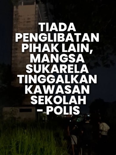 Tiada penglibatan pihak lain, mangsa sukarela tinggalkan kawasan sekolah - Polis Polis tidak menemukan sebarang penglibatan pihak lain dalam kes kematian dua pelajar perempuan berusia 14 tahun di Buntong pada Jumaat, lapor wartawan Sinar Harian, Normawati Adnan. Ketua Polis Perak, Datuk Mohd Alwi Zainal Abidin berkata, siasatan awal turut mendapati kedua-dua mangsa dipercayai meninggalkan kawasan sekolah secara sukarela sebelum kejadian. Copyright disclaimer: Segala penyuntingan video adalah hak