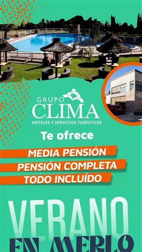🌞 VERANO EN MERLO – GRUPO CLIMA 🌄 ¡Este verano vivilo a pleno en la Villa de Merlo! En Grupo CLIMA tenés todo para unas vacaciones increíbles: 🍽️ Media pensión 🍽️ Pensión completa ✨ Todo incluido Rodeate de naturaleza, aire puro y paisajes únicos. Dejate sorprender por la tranquilidad y la magia de Merlo 💚✨ 🏨 Hoteles confortables 🍝 Servicios gastronómicos 🎉 Entretenimiento y recreación 💦 Piscinas y espacios verdes para relajarte 🌅 Viví un verano inolvidable con Grupo CLIMA. 💬 Consultá