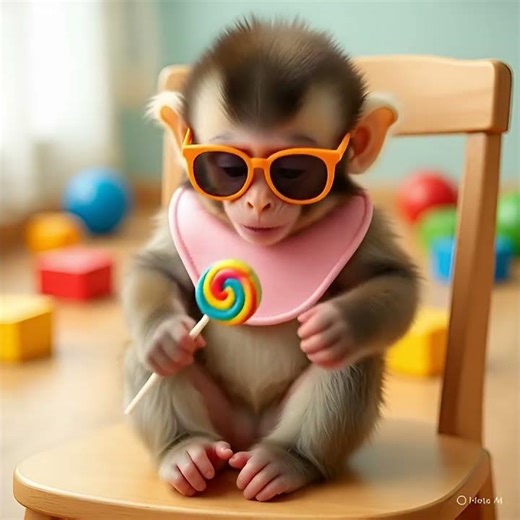 baby monkey testes a lolipop then smile🍭🤣