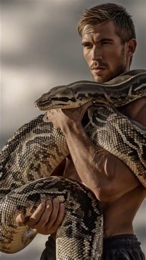ultra realistic 4K photo of a man holding a huge python snake with both hands, #ballpython #snek