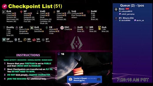 Destiny 2 Checkpoint Bot🎉// 🤖 @TravelersChosenTeam, @LuckBot9, @GuardianDownBot, @D2Chests, @DestinyCheckpoints