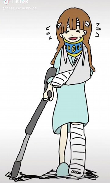 My character Milly with long leg cast, arm cast, neck brace and crutch. 🥰🩼 #castcuties #cutecast #castfetich #brokenbones #llc #armcast #sling #crutches #neckbrace