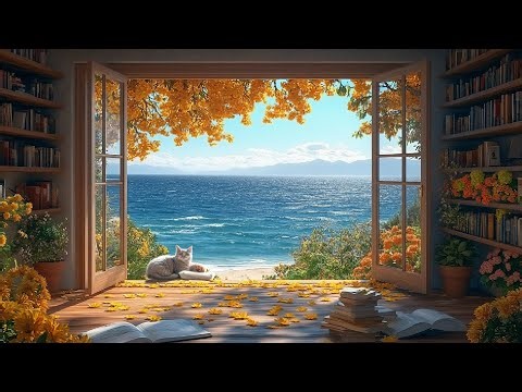 🍂🌊 Autumn Ocean Window Morning View | Gentle Waves, Seagulls & Cozy Breeze for Calm Focus ☀️