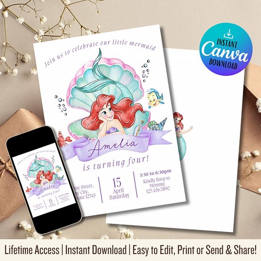 Little Mermaid Birthday Invitation | Editable Ariel Party Invite | Digital Download | Under the Sea Theme Card - Etsy
