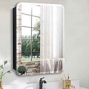Medicine Cabinet with 16" x 26" Frameless Mirror, Black Large Modern Medicine Cabinet for Bathroom, Recessed or Surface Mount Mirror Cabinet