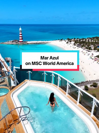 When the view steals the whole show 🏝️ Step into the Mar Azul pool on MSC World America and suddenly the water blends right into the colours of Ocean Cay. 📷: @juliagal_🧿 #MSCCruises #OceanCay #cruisetok #cruiseviews #cruisepool