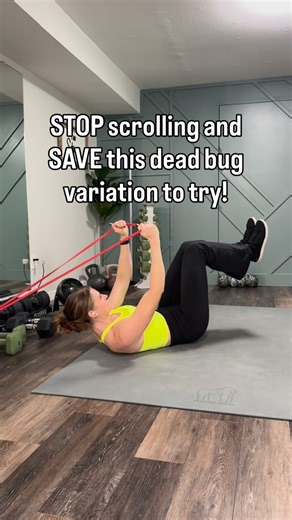 Hope Fitness Gear on Instagram: "Check out 👉 @fitfionaj • This dead bug variation is going to blow your mind! I can’t believe how much more I felt this not just in my core, but in my upper body as well. Try this as a finisher to any workout. Do 3-4 rounds of 16 reps. You can anchor your band from just about any heavy object, like a couch leg or a heavy dumbbell. Moves like this one help build and maintain core strength and stability over 40! But remember—you can’t target fat loss with exercise.