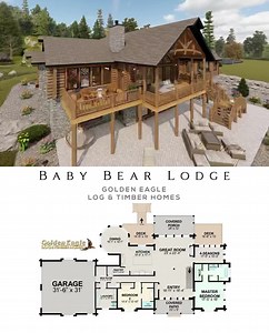 Floor Plan: Baby Bear Lodge 5445 square feet with optional lower level 5 Bedrooms 5 Bathrooms Designed for hosting and entertaining! Customizable and available in North America 🇺🇸 🇨🇦 Call 1-800-270-5025 to learn more! #loghome #logcabin #timberframe #home #homedesign #newhome #farmhouse | Golden Eagle Log & Timber Homes