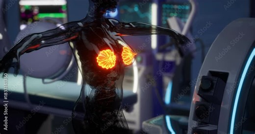 This display illustrates the anatomy of the mammary glands within a human body. The setting features advanced medical equipment and a lab environment, enhancing understanding of the subject.