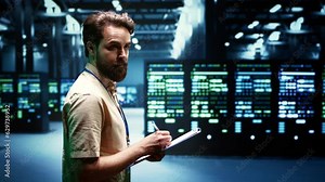 Experienced system administrator maintenancing interlinked computers creating server network. Data storage service business using parallel computing to perform complex calculations