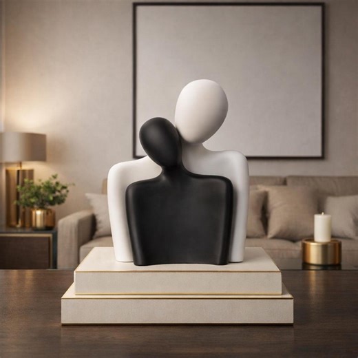 Abstract Couple Hugging Statue, Modern Resin Sculpture, Romantic Black White Figurine