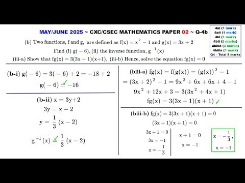 (MJ 2025) Functions: Values, Inverse, Composite, Solve ~ Q4b ~ Paper2-CSEC-MATHS-687