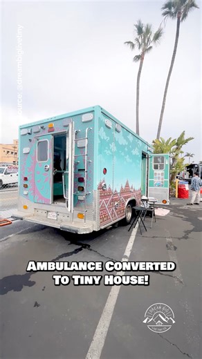 Would you live & travel in this ambulance converted into a tiny house? This is a renovated 2015 Duramax Diesel Ambulance converted over the course of a year in San Diego, CA by @artbyadelaide! This is her full-time home on the road as an artist! Inside, there is a small kitchen with a Dometic fridge, sink, 2-burner propane cooktop, & tons of storage; a sleeping area with a double bed; & a composting toilet! #tinyhouse #tinyhome #vanlife #camper #skoolie | Dream Big Live Tiny Co.