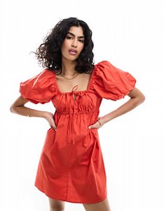 ASOS DESIGN puffed sleeve smock mini dress in red | ASOS
