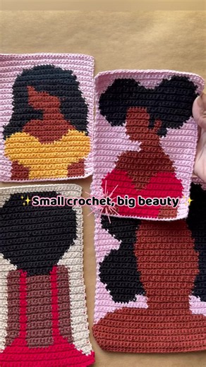 Small project. 🤎✨ These mini crochet tapestries are proof that you don’t need a giant wall hanging to make a statement. Which one is your favorite? Pattern link in bio! #crochettapestry #crochetpattern #crochettok #fiberartist #blackgirlcrochet