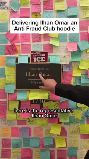 💥🚨💥 Going from $30M to $95k isn't an accounting error; it's a "feds-are-watching" correction. Watch 👀 @nickshirleyy deliver the "Anti-Fraud Club" Hoodie to Ilhan Omar. A classic. Bringing the heat directly to the doorstep.