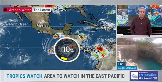 A disturbance has emerged in the Eastern Pacific, but it only has a 10% chance of development over the next seven days. Dr. Greg Postel has more details. Watch on air or stream: https://bit.ly/3UzM2rh | The Weather Channel