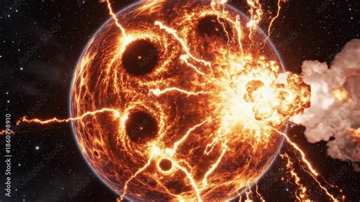 Fiery planet shattering in a cosmic explosion, emitting intense molten energy and cracks in deep space