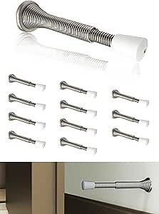 12 Pack Door Stoppers, Extended from 3-Inch to 4inch Spring Door Stop with Rubber Bumper Tips, Prevents Wall &Door Damage, Satin Nickel Finish (Silver)…