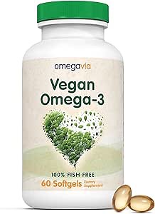OmegaVia Vegan Omega 3 Supplement, Algae Omega 3 Fish Oil Alternative, 300mg Vegan DHA Fatty Acids, Plant Based, Planet and Ocean Friendly, IAOS 5 Star Tested, 60 Softgels