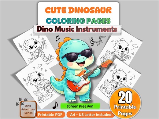 Cute Dinosaur Music Instruments Coloring Pages for Kids – Printable Dino Coloring Book, Preschool Toddler Activity, 20 Page PDF - Etsy